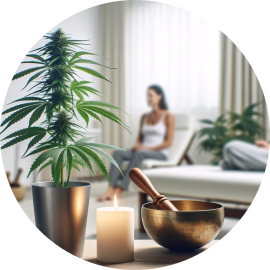 DALL·E-2023-12-29-10.20.36-A-clean-well-lit-therapy-room-featuring-a-subtle-real-cannabis-plant-in-the-background.-The-setting-includes-a-lit-candle-and-a-Tibetan-singing-bowl-modified-1.png